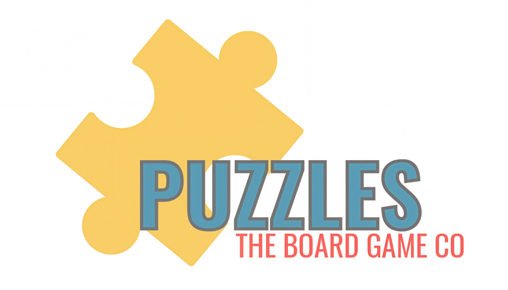 Logo for Puzzles, TBGC. Big yellow puzzle piece in the background, Puzzles is blue and outlined in grey, with the board game co in smaller red font below it.